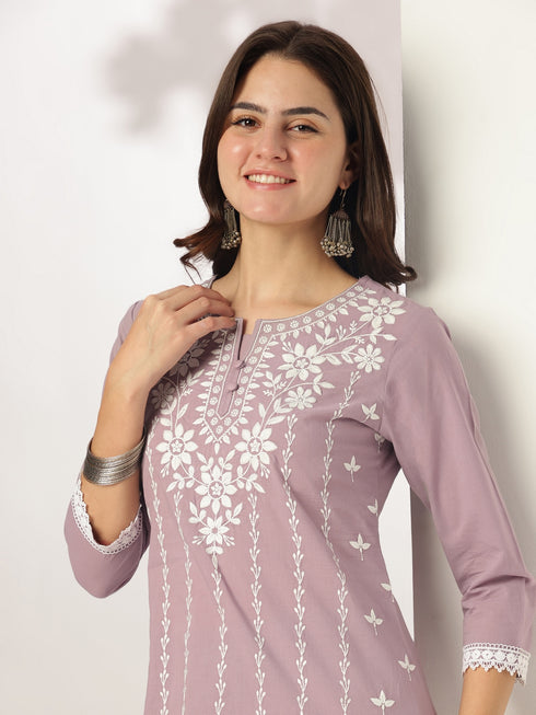Light Purple Pure Cotton Embroidered Straight Kurta Set